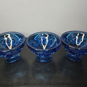 RARE Vintage MCM Kemple Glass Aqua Blue Round Pedestal Compotes(3)